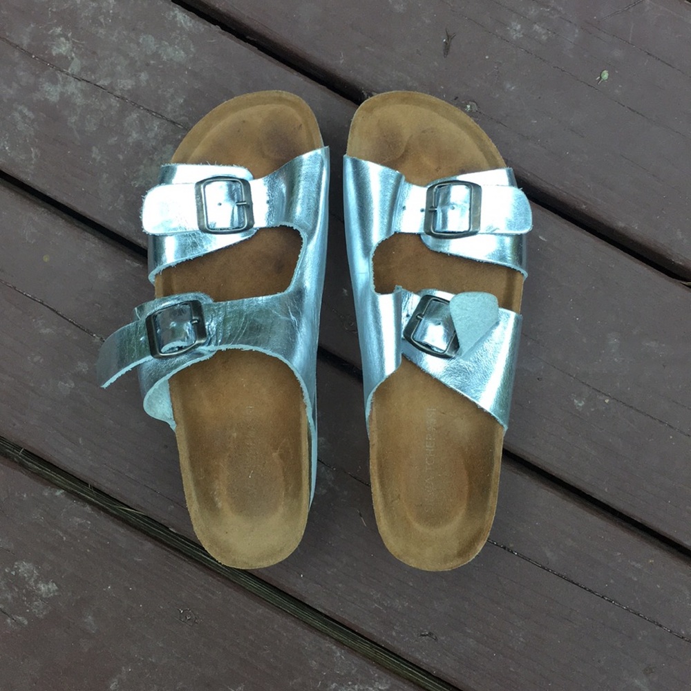 Silver Birkenstock Style Leather Platform Sandals